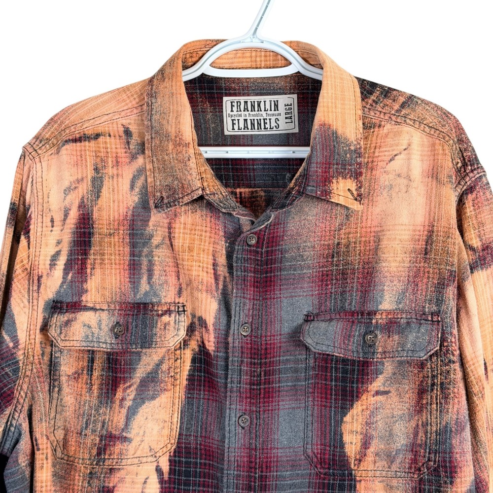 Franklin Flannels‎ Shirt Button Down Men L Bleached Upcycled Plaid L/S Cotton